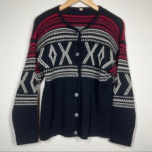 Vintage Cardigan Sweater 1970’s 100% Wool Made in Austria Black Red XOXO Medium